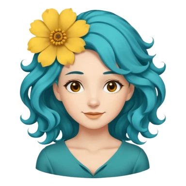 A woman with wavy teal-blue hair styled in loose curls. Her hair is adorned with large golden-yellow flower petals She has soft brown eyes, smooth skin, and a small friendly smile on her face. sticker