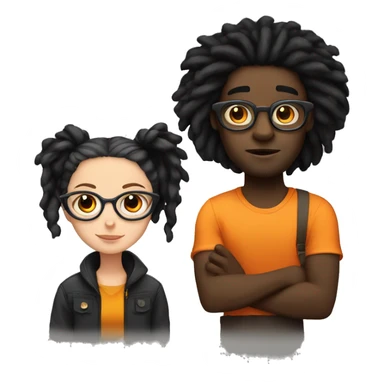 Black guy with dreads and glasses and a white girl with dark black hair holding an orange cat sticker