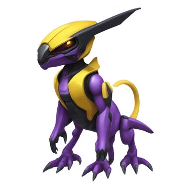 a shiny black-purple-yellow Genesect-Raptor-Fakémon—hybrid with a futuristic visor-helmet full bod sticker