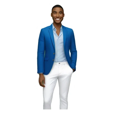A portrait of a smiling young man wearing a blue blazer and white pants, standing in a lush, tropical garden setting with palm leaves and colorful foliage in the background. sticker