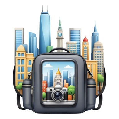 Icon for Urban Tourism: city skyline with iconic buildings, a camera and a backpack. The icon should represent the exploration of urban destinations, with elements like streets, landmarks, and vibrant city life. Transparent background. sticker