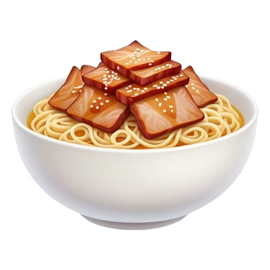 Cantonese Wonton Noodles with char siu pork, simplified emoji style with bold outlines and bright colors, cartoon style Hong Kong style thin egg noodles sticker