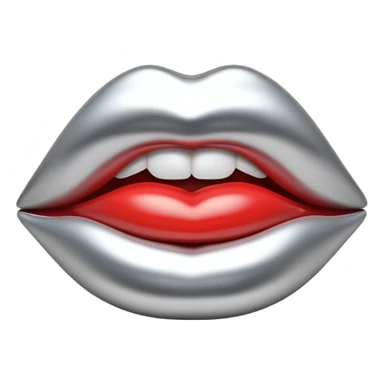 female lips emoji, smooth liquid metal chrome surface, sensual sculpted shape, high-gloss reflections, monochrome futuristic 3D style, isolated on white sticker