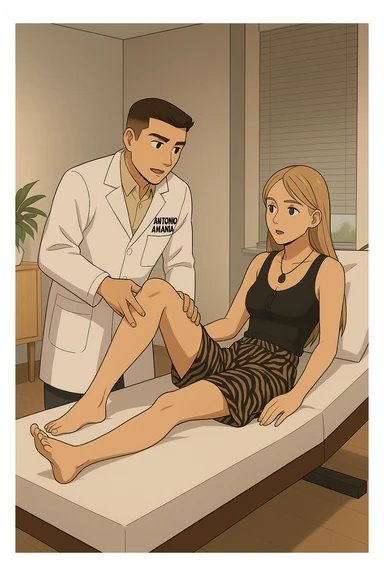 fai un webtoon/manga a colori con questo kinesiologo in camice bianco (fagli la scritta "ANTONIO ANANIA" SUL CAMICE) CHE SVOLGE UN TEST NEUROMUSCOLARE SOLLEVANDO UNA GAMBA ALLA RAGAZZA CHE è STESA SU UN LETTINO BIANCO. STANZA SEMPLICE E MODERNA, DURANTE IL TEST I DUE DIALOGANO TRA LORO. NON FARE I FUMETTI, FAI SOLO LORO COME SE DIALOGASSERO sticker