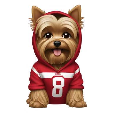 Generate yorkie emoji wearing 49ers hoodie sticker