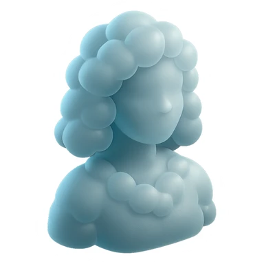 person looking straight ahead, composed entirely of bright, convex clouds, shoulder length, matte glass style sticker