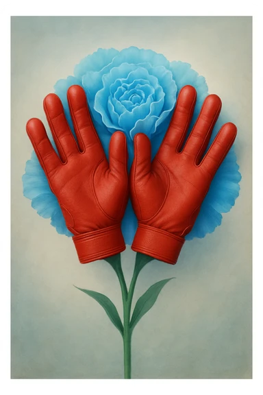 A creative arrangement of two red batting gloves, palms outward, resembling a blue carnation blossom. sticker