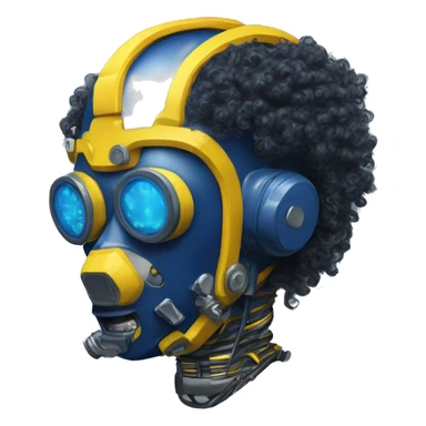 Dark Blue curly hair cyborg head with yellow respirator mask and circuitry sticker
