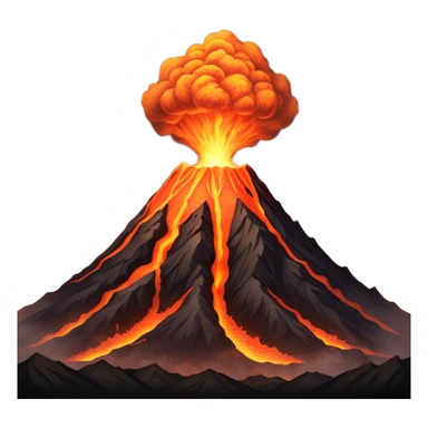 Cinematic Realistic Volcano Emoji, Powerful and awe-inspiring, with molten lava flowing from its jagged, smoking peak, casting an orange glow in the surrounding darkness. The landscape around it is barren and rocky, with clouds of ash rising into the sky. Soft glowing outline, capturing the essence of raw power and fiery energy in a towering volcano. sticker