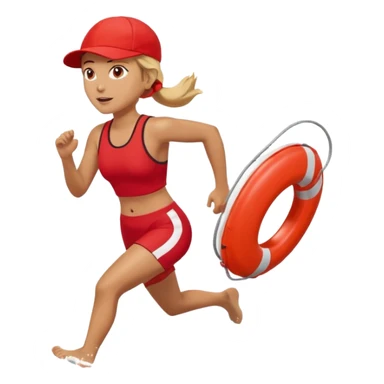 Female lifeguard – red cap, running along shore with rescue buoy sticker