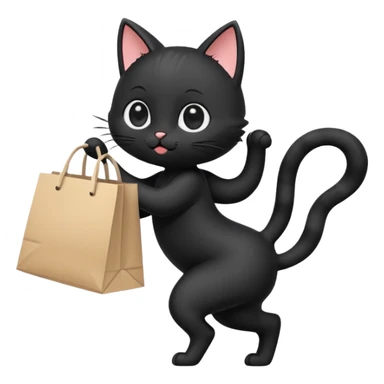 A cute chibi-style black cat emoji in side view like 🏃, running on two legs while holding a shopping bag. Short limbs, small body proportions (SD character style), round head, big expressive eyes, minimalist emoji design, soft colors, vector look. sticker