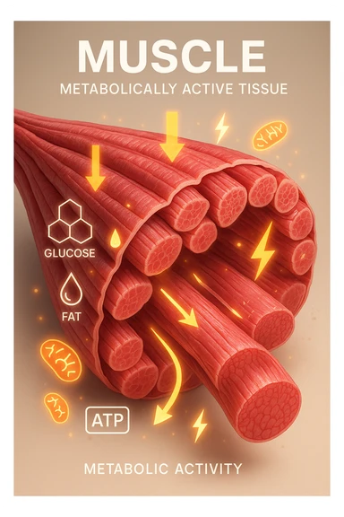 a highly detailed cross-section of human skeletal muscle fibers, shown in vibrant red and pink tones, with visible striations and realistic texture. Glowing arrows and animated icons represent active metabolic processes—such as glucose uptake, fat oxidation, and ATP production—occurring within the muscle tissue. Surrounding the muscle, floating symbols for mitochondria and energy highlight its metabolic activity. The background is clean and clinical, with subtle labels and infographics explaining that muscle is a metabolically active tissue. The overall style is modern, scientific, and visually engaging, suitable for educational or medical use. sticker