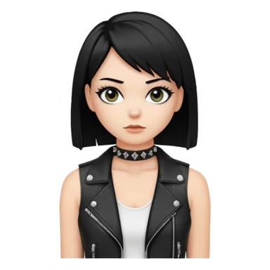 A white girl with Black eyes and black straight hair with a bob with a black spiked chocker with white tank top with a leather jacket on sticker