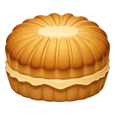 A madeleine pastry. Oval shaped with vertical lines going in the same direction as the oval. Light golden brown. Scalloped edge. Cookie. Flat. sticker