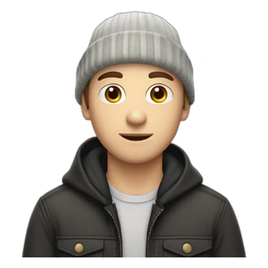 a 28 years old caucasian boy with a black beanie and a canadian shirt sticker