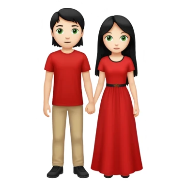 full-length couple, girl with long black hair and green eyes in red dress, boy with blonde hair in white t-shirt sticker