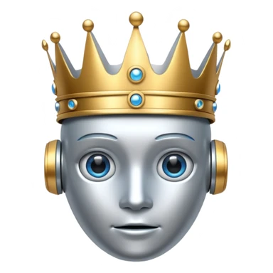 silver robot with blue eyes with golden crown sticker
