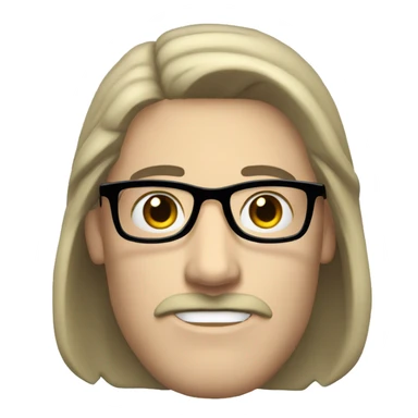 a white-skinned man with black, long and straight hair, a black mustache and glasses sticker