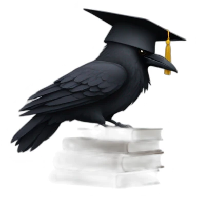 raven in student cap with a stack of gray and brown books sticker