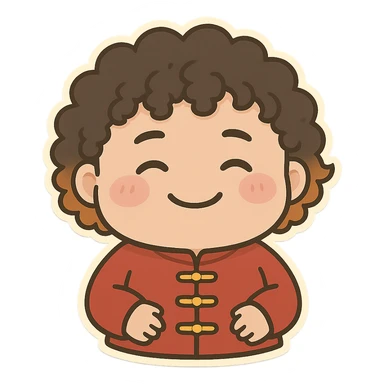 chubby Chinese person with curly perm hair, orange-brown tips, smiling face sticker