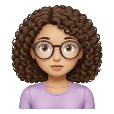 Memoji-style illustrated girl with dark brown curly hair, round glasses, large brown eyes, soft rounded face, warm beige skin tone, wearing neutral Pilates activewear, calm wellness aesthetic, pastel colors, sticker-style digital illustration, smooth shading, white outline. sticker