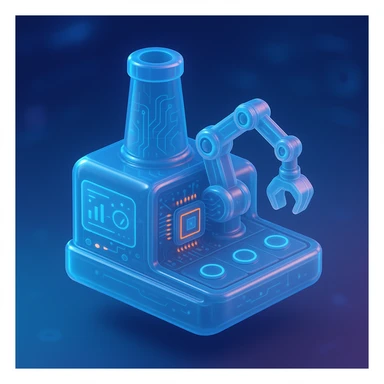 A futuristic depiction of a factory with advanced technology and robotic systems. The factory should have a high-tech appearance, with glowing lights, holographic interfaces, and automated machinery. The scene should be set in a sci-fi environment. sticker