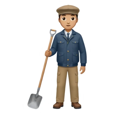 male worker 1950, wearing a flat cap, jacket and trousers, standing holding a shovel sticker