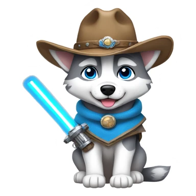 Gray Siberian Husky with blue eyes puppy wearing a cowboy hat dressed in Jedi clothing holding a lightsaber  sticker