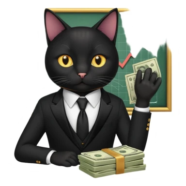 stock investing black and smart cat, with money and "stock charts" sticker