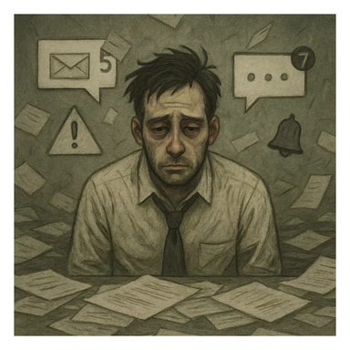A person experiencing burnout, looking exhausted and overwhelmed, with dark circles under their eyes, slumped posture, and a chaotic background of paperwork and digital notifications. sticker