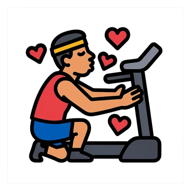 the sportsman is hugging and kissing the treadmill. They are surrounded by red hearts sticker