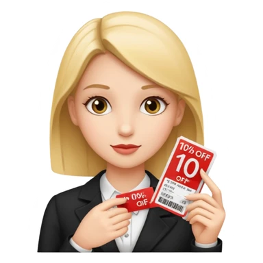 make a elegant girl with a ticket in her hand that says 10 precent off, sticker