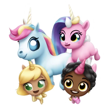Four unicorns with power puff girls powers flying with hand up in the air sticker