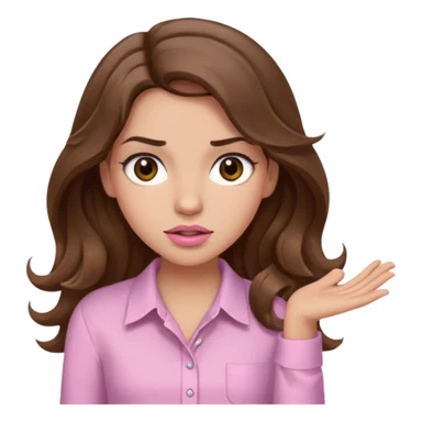 girl with wavy long brown hair, brown eyes, light to medium complexion, long lashes, light pink lipstick, wearing light pink shirt, shrugging sticker
