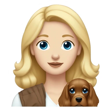 Blonde haired woman with blue eyes holding brown cocker spaniel with white chest sticker