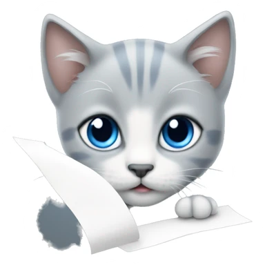 blue eyes grey kitten and a piece of paper sticker