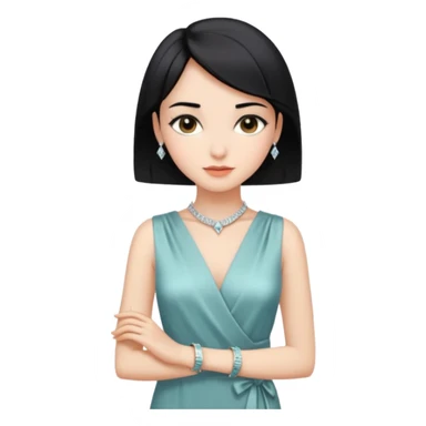 emoji of a young elegant lady, short straight black hair, wearing a silk wrap dress and diamond bracelet, gentle expression sticker