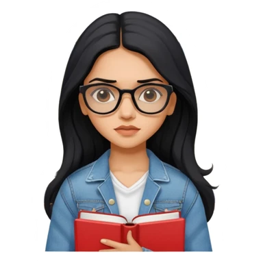 generate a pretty bratz emoji 
Make her look like Deepika Padukone wear a white dress with a denim jacket over it.long  black hair in a side part. Holding books

She should look exactly  like Deepika padukone! wearing tiny rectangular spectacle, looking sad sticker
