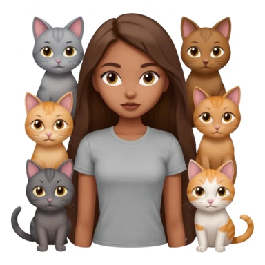 a pretty bratz dusky girl with long brown hair with six cats nd wearing a grey tshirt sticker