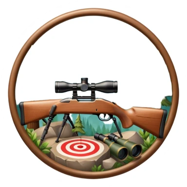 Icon for Hunting Tourism: hunting rifle, binoculars, and a target, surrounded by nature elements like trees, mountains, and wildlife tracks. The icon should represent the adventure and exploration of hunting tourism. Transparent background. sticker