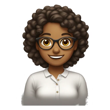 Brown girl, with dark curly hair, wearing glasses and has a big smile, she looks very happy, she has a white shirt on sticker