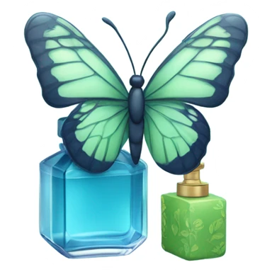  pastel green butterfly resting on an elegant blue perfume bottle with fork dark blue details. sticker