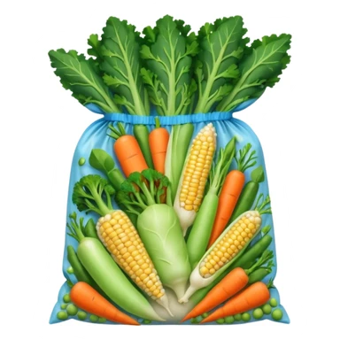 A colorful plastic bag filled with mixed vegetables — peas, carrots, corn, and broccoli — sealed and lightly frosted. Tnutrition facts, and vibrant vegetable images. Displayed in a grocery store freezer with cool white lighting and condensation on the glass door. sticker