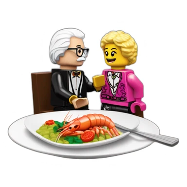 Des Lynam eating prawns with LEGO Lily Savage sticker