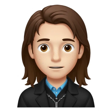 Un chico con pelo largo, que le llegue hasta las cejas, tiene pecas, brackets, ojos cafés oscuros y con una chaqueta negra sticker