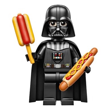 Lego Darth Vader holding a hotdog sticker