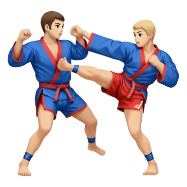An icon symbolizing Sambo, featuring two fighters in blue and red kimonos with shorts and wrestling shoes. One executes a powerful throw, while the other attempts a defensive grab. The fighters are engaged in a grapple, using joint locks and sweeps.  sticker