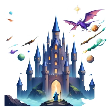 Icon for Fantasy and Sci-Fi Movies: A magical collage with flying dragons and futuristic spaceships. Stars and planets shimmer in the background with a mystical castle and an ancient wizard holding a staff. The atmosphere is epic, otherworldly and adventurous. Transparent background. sticker