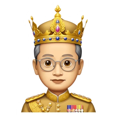 Cinematic Realistic King Bhumibol Adulyadej Portrait Emoji, depicted as a revered Thai monarch with a dignified expression and traditional royal attire, rendered with lifelike textures and soft regal lighting that captures his lasting legacy. sticker