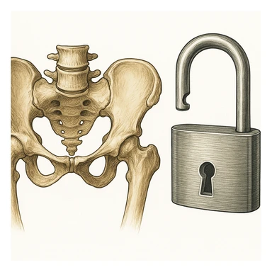 Add an open padlock next to the human pelvic bone anatomy, both on a white background, in a detailed medical style. sticker